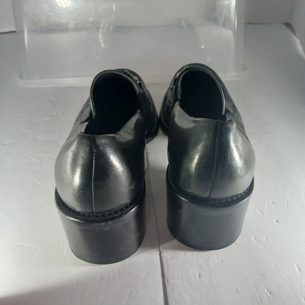 Nine West Permit Loafers 8M Navy Blue Leather Chunky Block Heel Horsebit Vintage